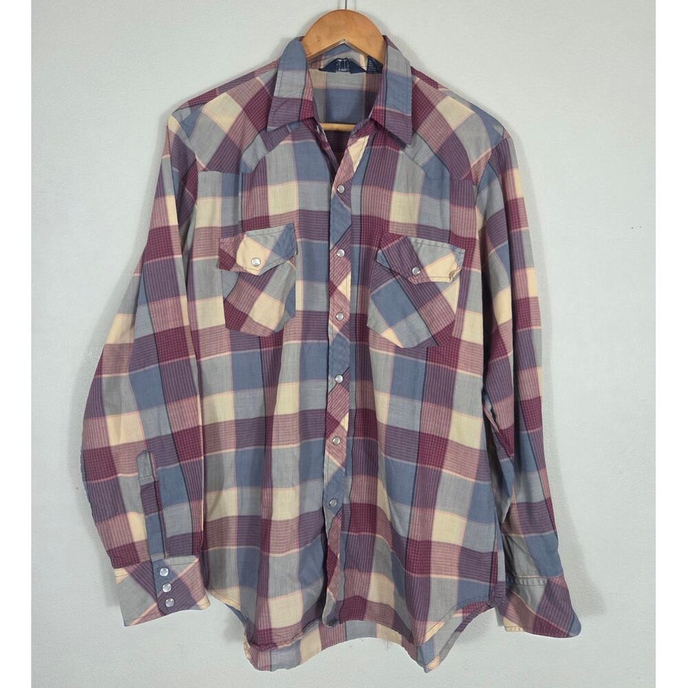 VIP Vintage Men's Pink Blue & Cream Plaid Pearl Snap Long Sleeve Shirt Large